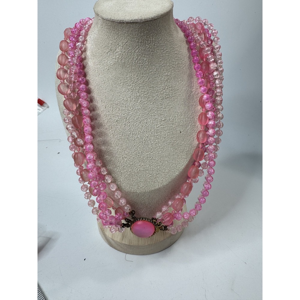 Vintage Pink Multi Strand Beaded Necklace Cabochon Clasp Statement Jewelry